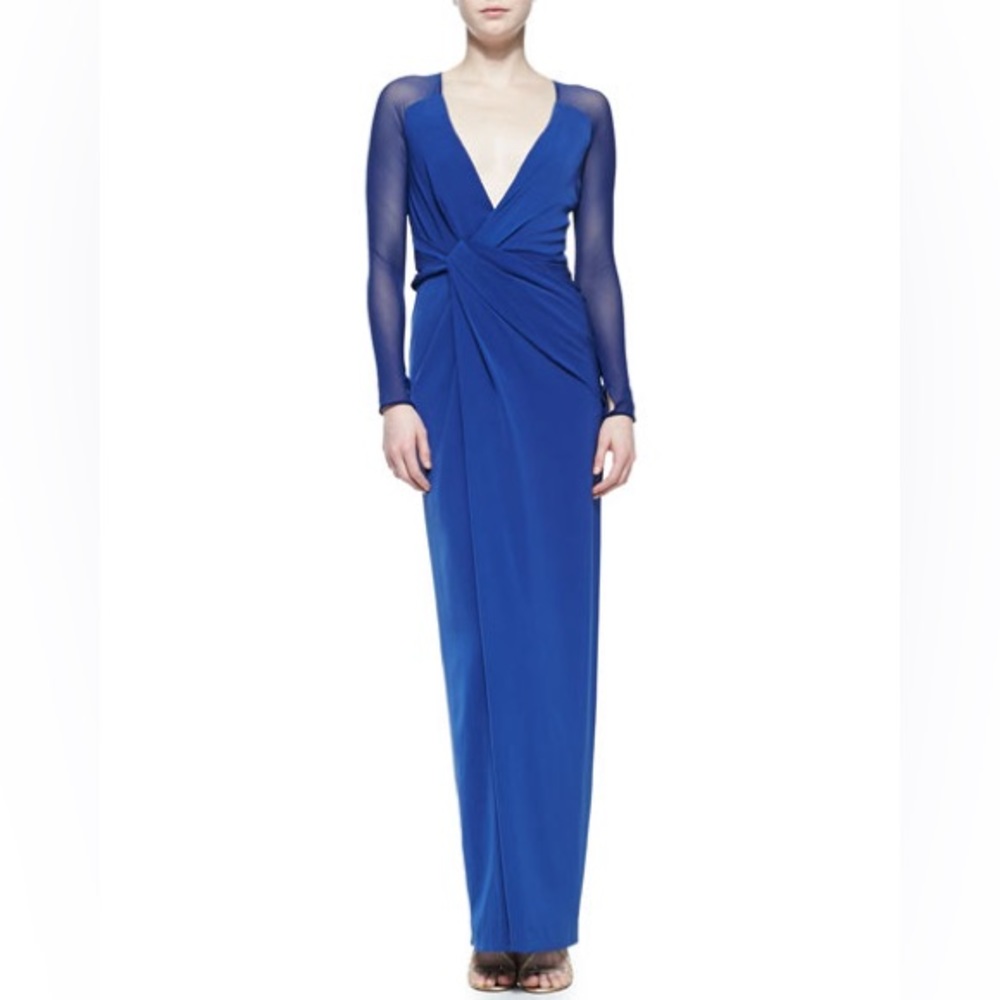 HALSTON HERITAGE, Sheer-Sleeve Twist-Front Crepe Gown